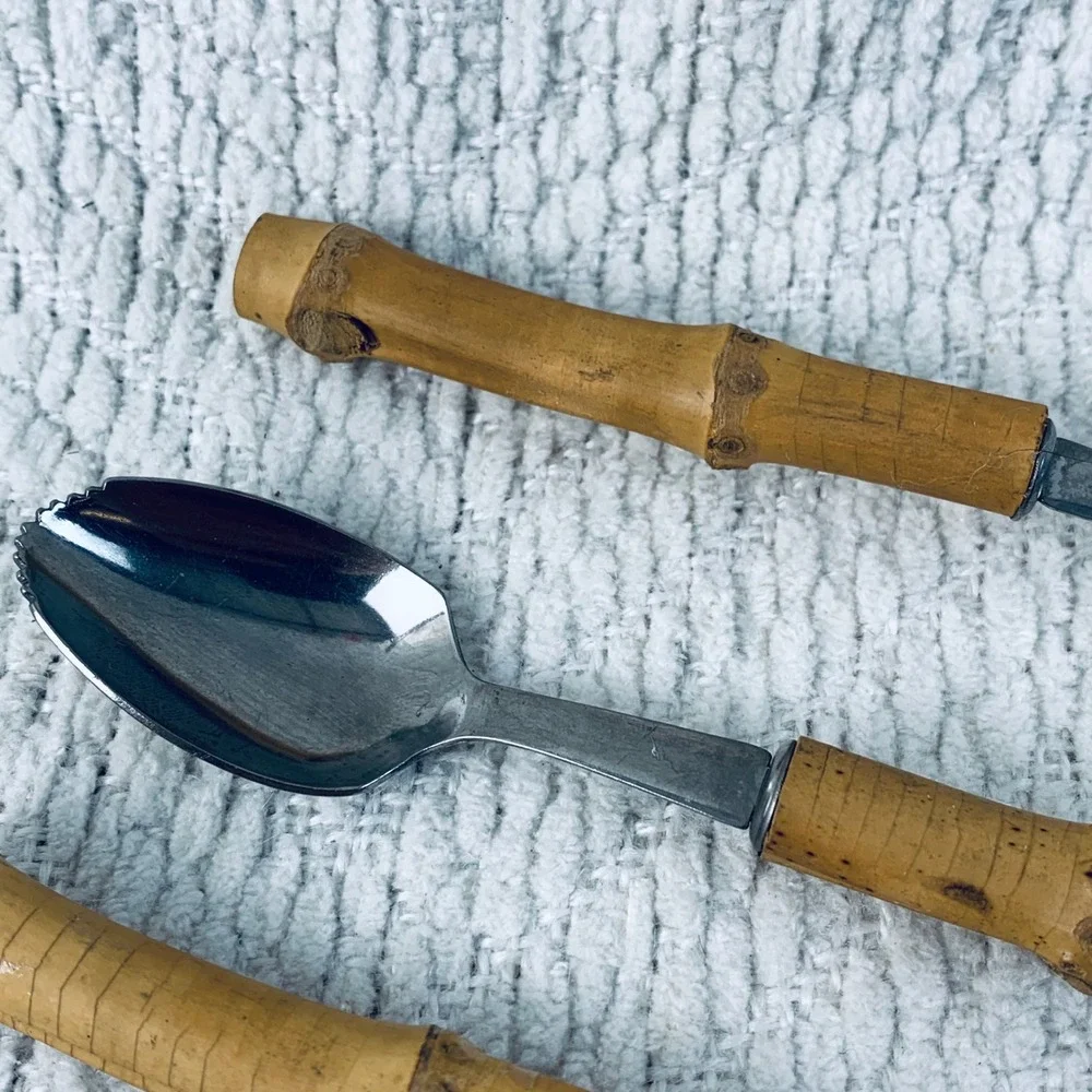 3 Grapefruit Spoons Tan Bamboo Handle Serrated Stainless Tiki Boho Japan Vintage